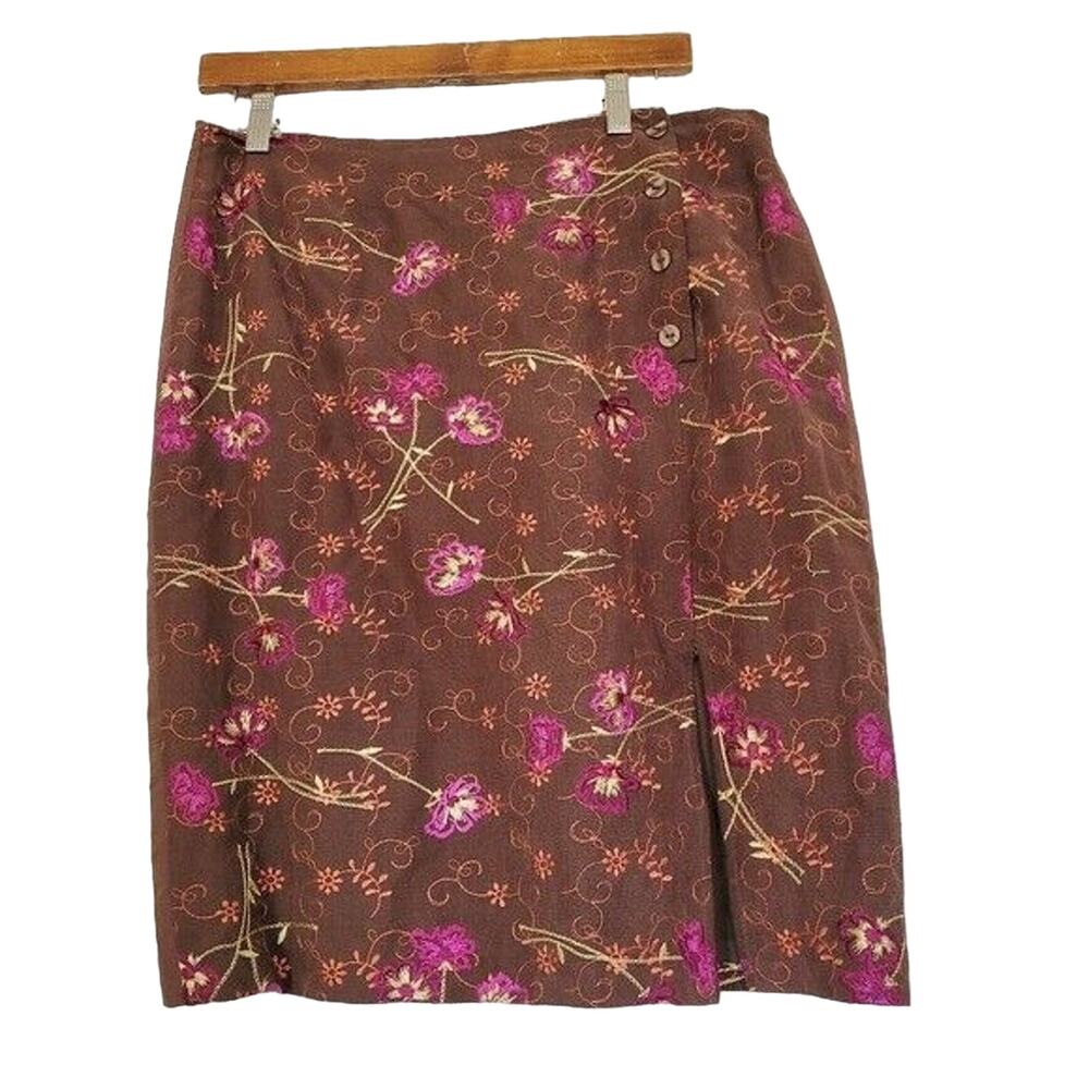Grace Dane Lewis Womens Silk Linen Embroidered Mini Skirt Size 8 Y2K Brown Multi